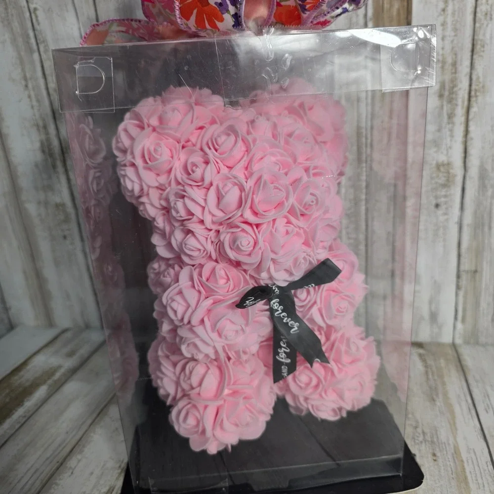 Pink Rose Bear Artificial Flower Teddy Bear in Gift Box 10 Inch Romantic Gift